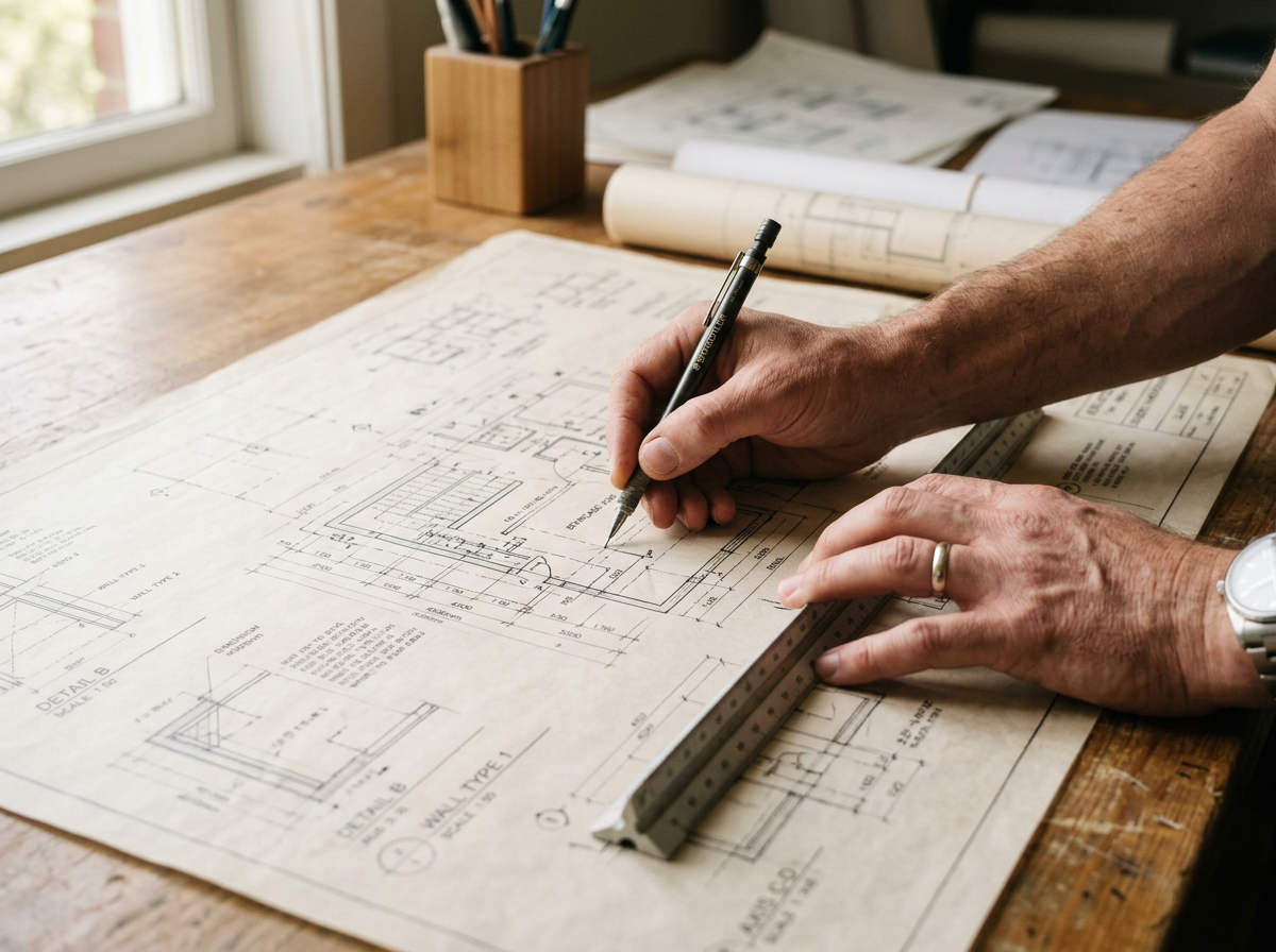 Architect reviewing detailed blueprints