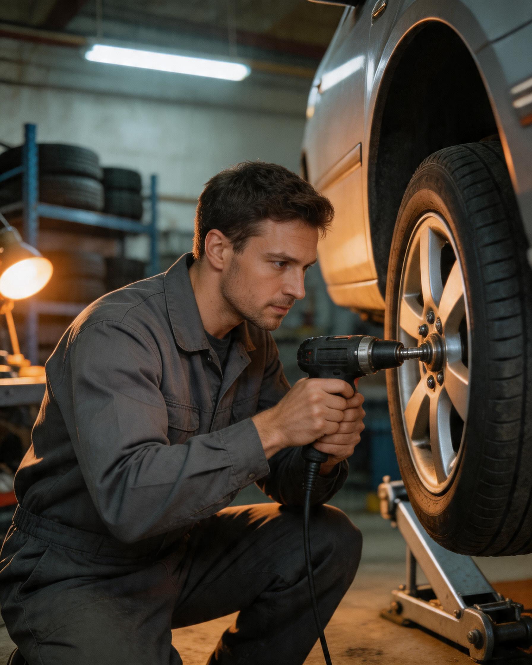 Profesjonalny mechanik przy wymianie koła w serwisie TireForce Pro